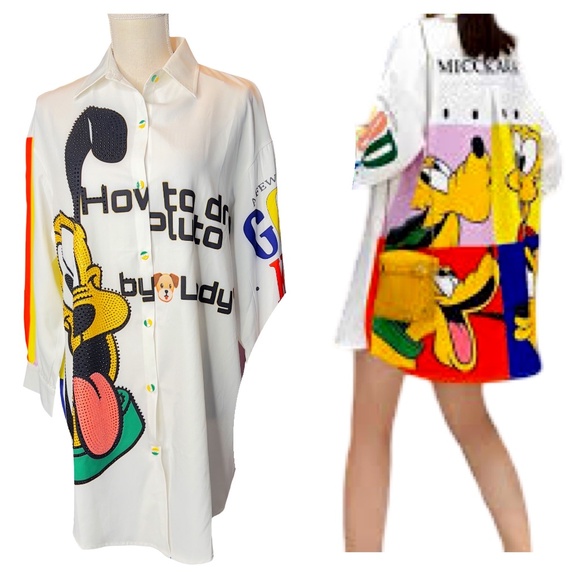 # A223  Nancy  Pluto Cartoon  Print Shirt Dress Disney  White Multi  NWT  S - Picture 1 of 15